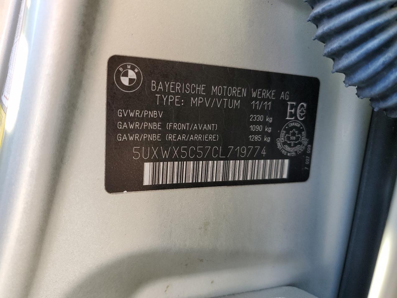 2012 BMW X3 xDrive28I VIN: 5UXWX5C57CL719774 Lot: 84611285