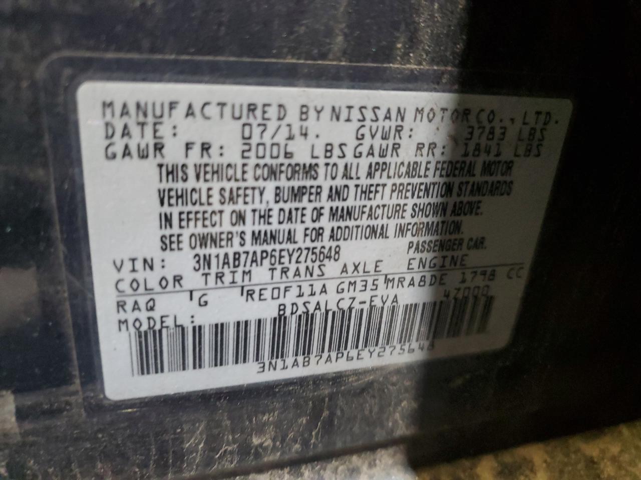 2014 Nissan Sentra S VIN: 3N1AB7AP6EY275648 Lot: 85834665