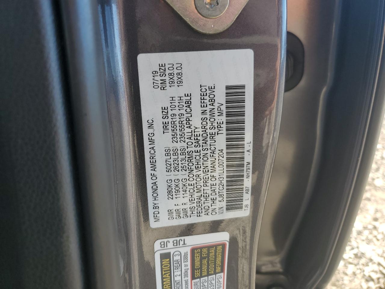 2020 Acura Rdx VIN: 5J8TC2H31LL007204 Lot: 87014325