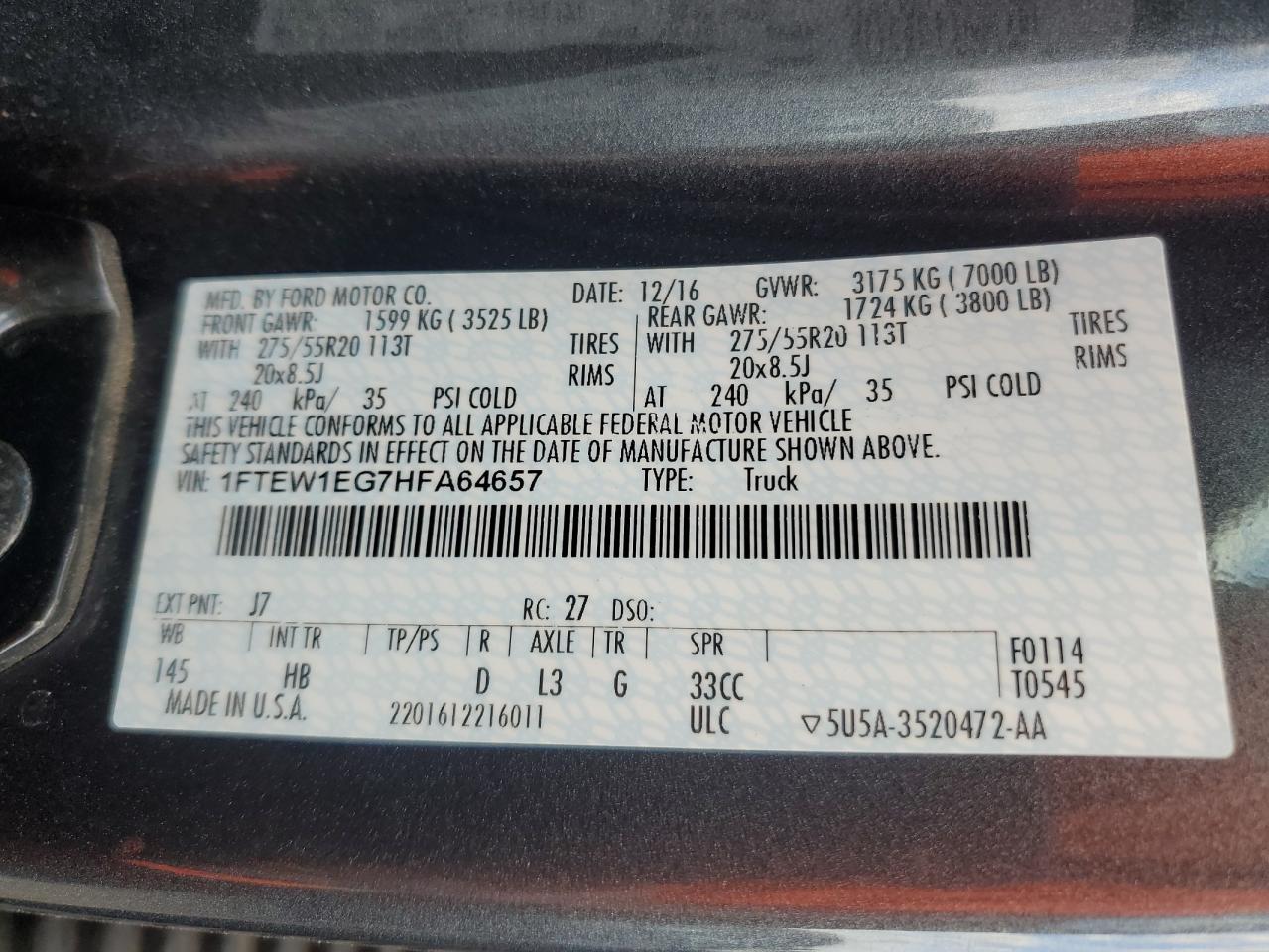 2017 Ford F150 Supercrew VIN: 1FTEW1EG7HFA64657 Lot: 81618615