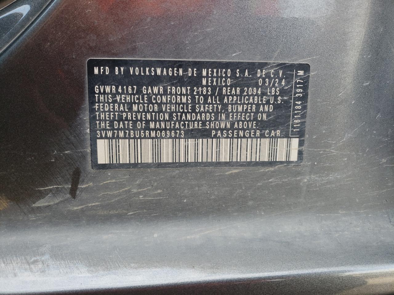 2024 Volkswagen Jetta Se VIN: 3VW7M7BU5RM069673 Lot: 87036375