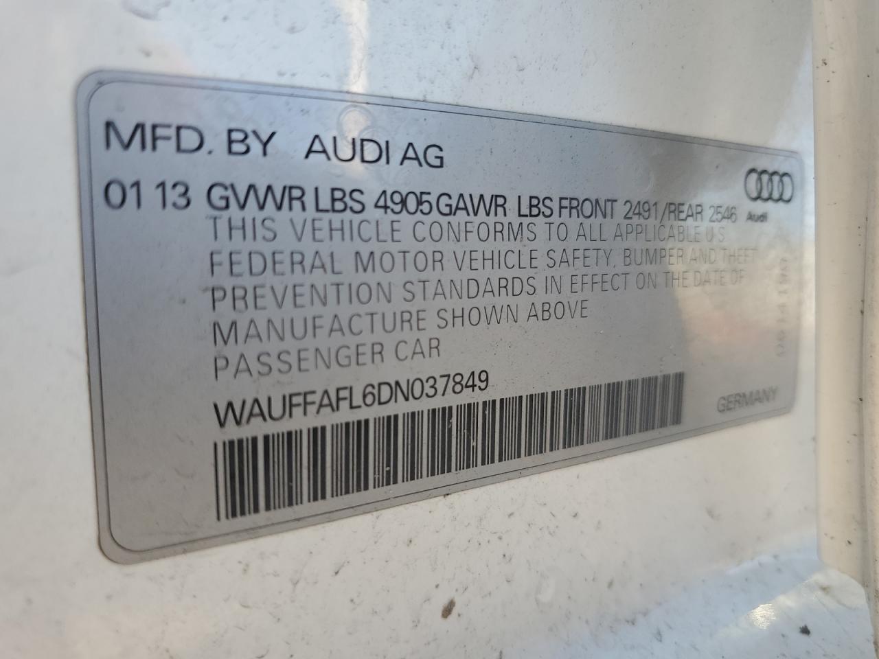 2013 Audi A4 Premium Plus VIN: WAUFFAFL6DN037849 Lot: 84235895