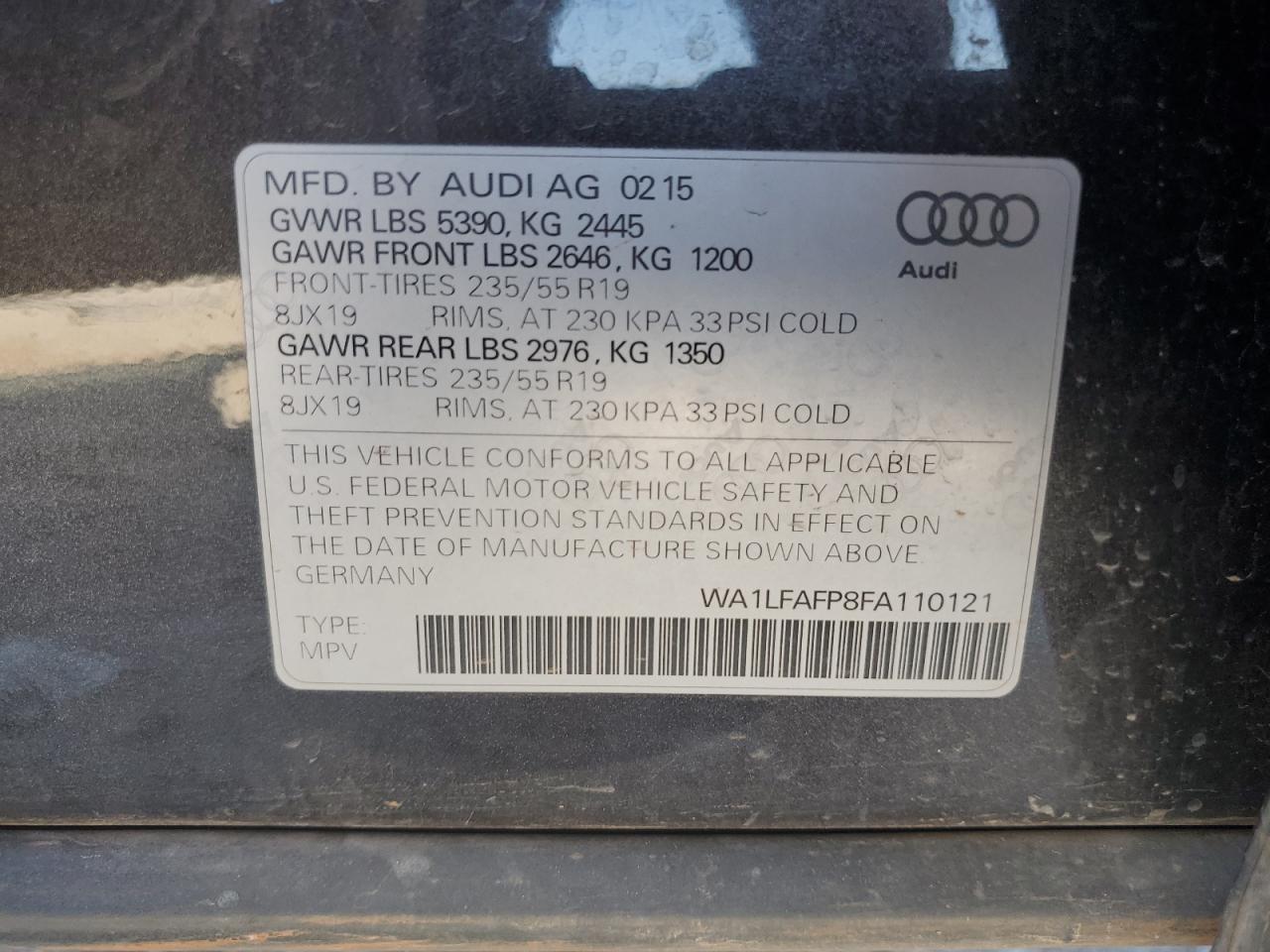 2015 Audi Q5 Premium Plus VIN: WA1LFAFP8FA110121 Lot: 84965995