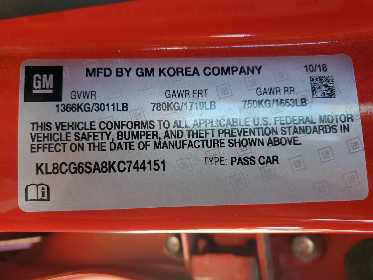 2019 Chevrolet Spark Activ VIN: KL8CG6SA8KC744151 Lot: 84558915