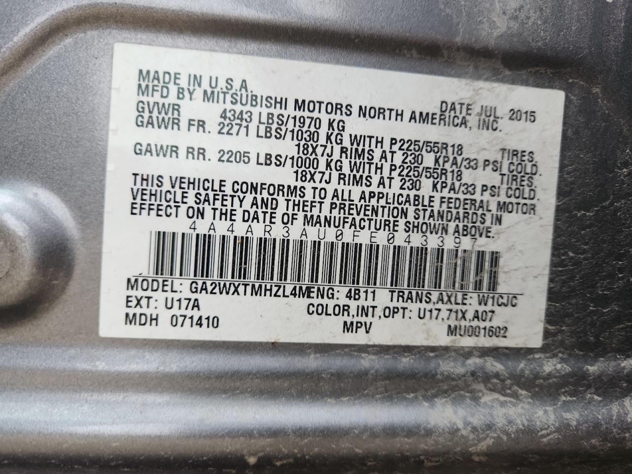 2015 Mitsubishi Outlander Sport Es VIN: 4A4AR3AU0FE043397 Lot: 89922105