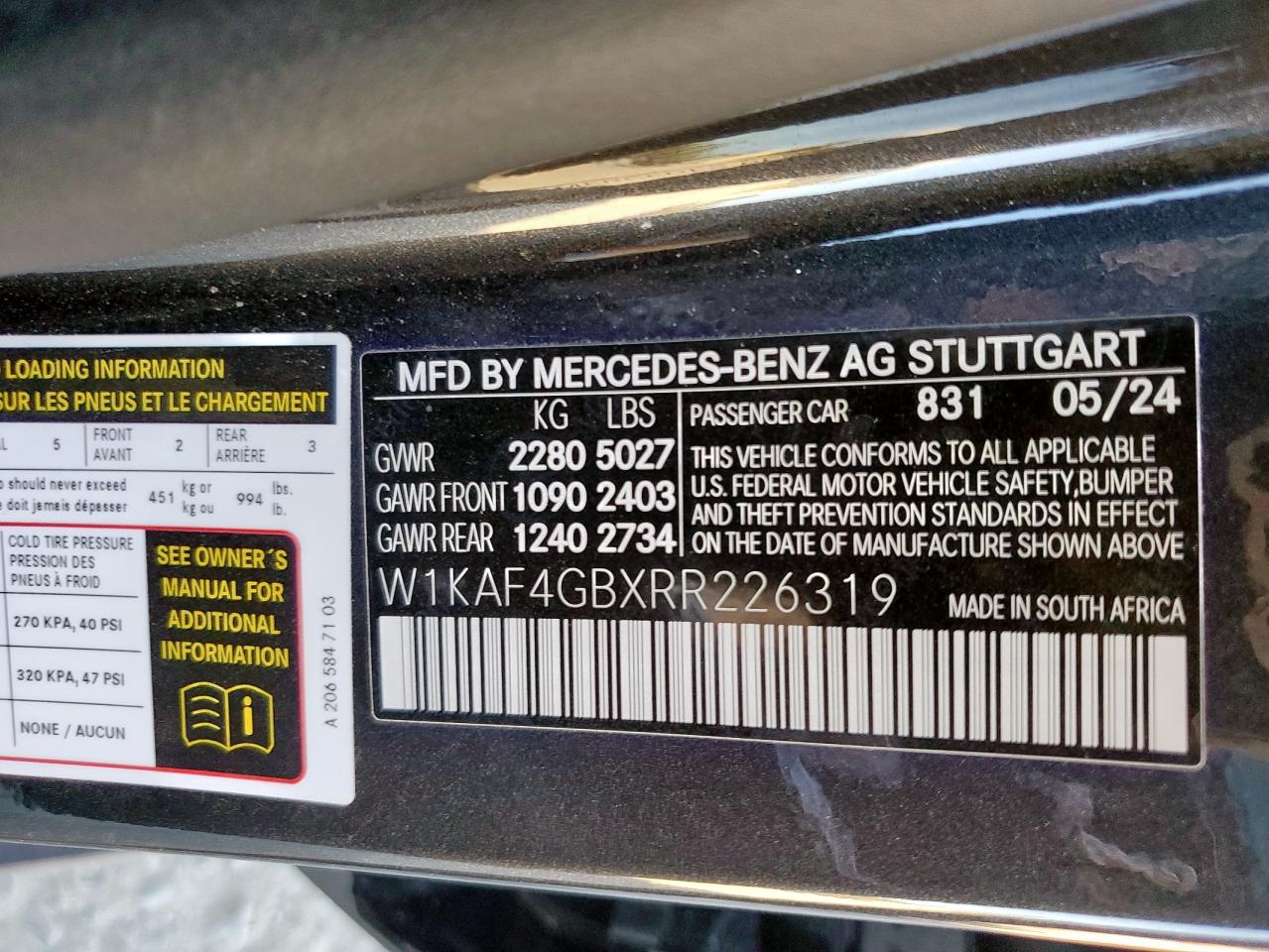 2024 Mercedes-Benz C 300 VIN: W1KAF4GBXRR226319 Lot: 90360835