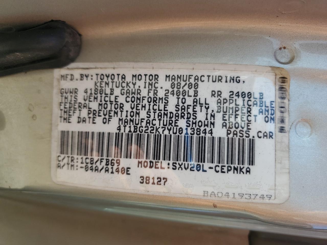 2000 Toyota Camry Ce VIN: 4T1BG22K7YU013844 Lot: 90518995