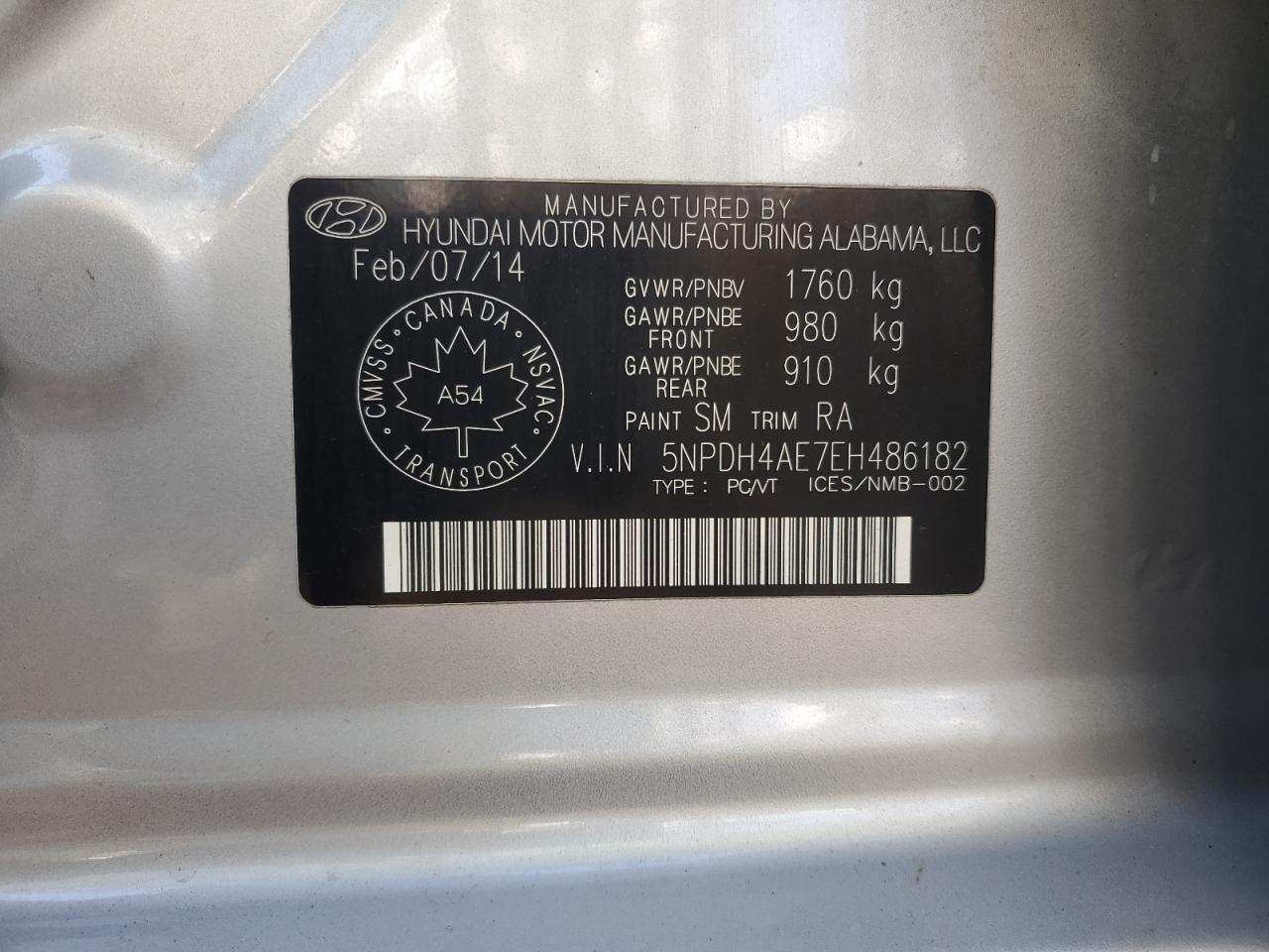 2014 Hyundai Elantra Se VIN: 5NPDH4AE7EH486182 Lot: 85474525