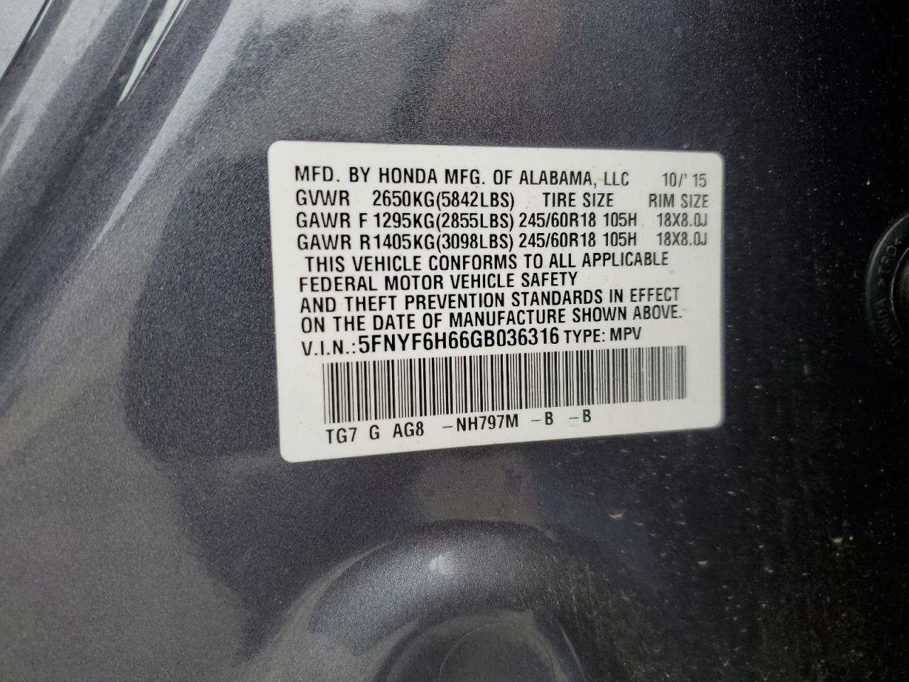 2016 Honda Pilot Exl VIN: 5FNYF6H66GB036316 Lot: 90102245