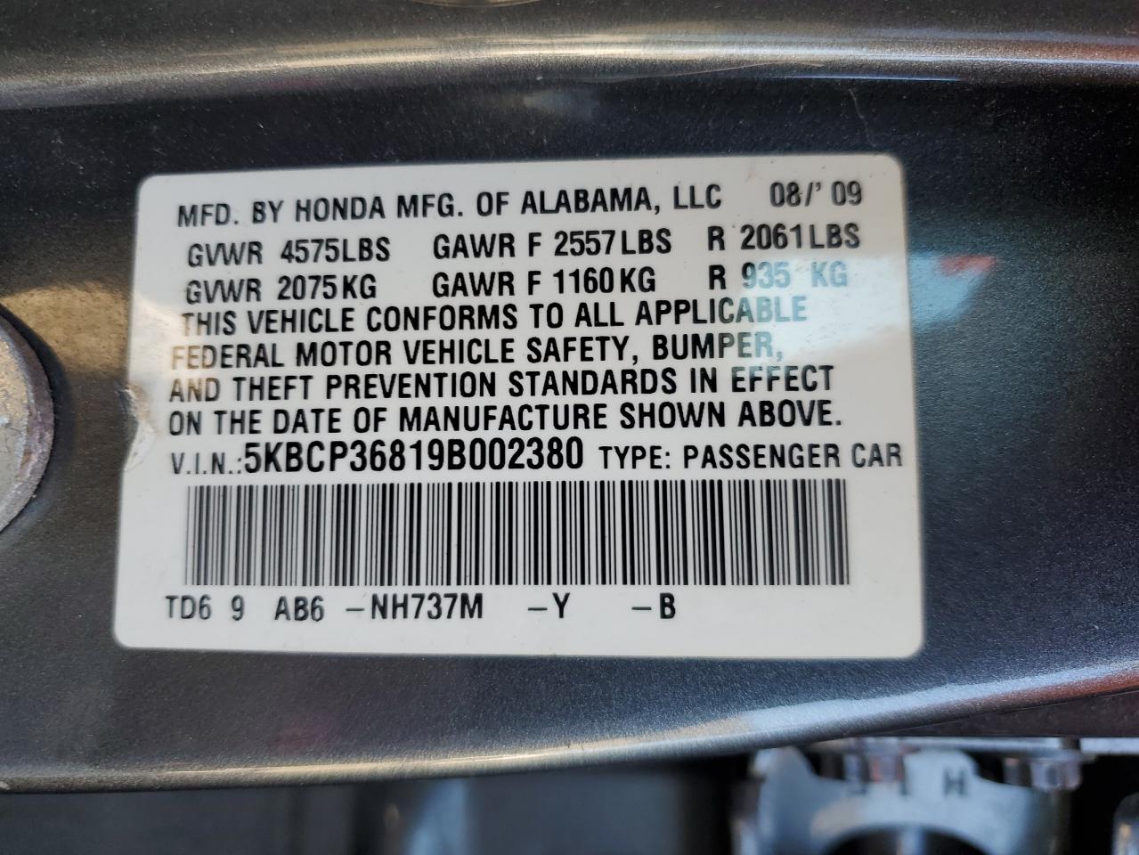 2009 Honda Accord Exl VIN: 5KBCP36819B002380 Lot: 84417785