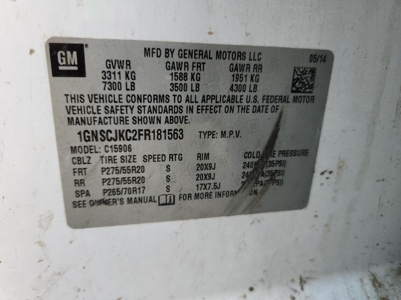 2015 Chevrolet Suburban C1500 Lt VIN: 1GNSCJKC2FR181563 Lot: 85076835