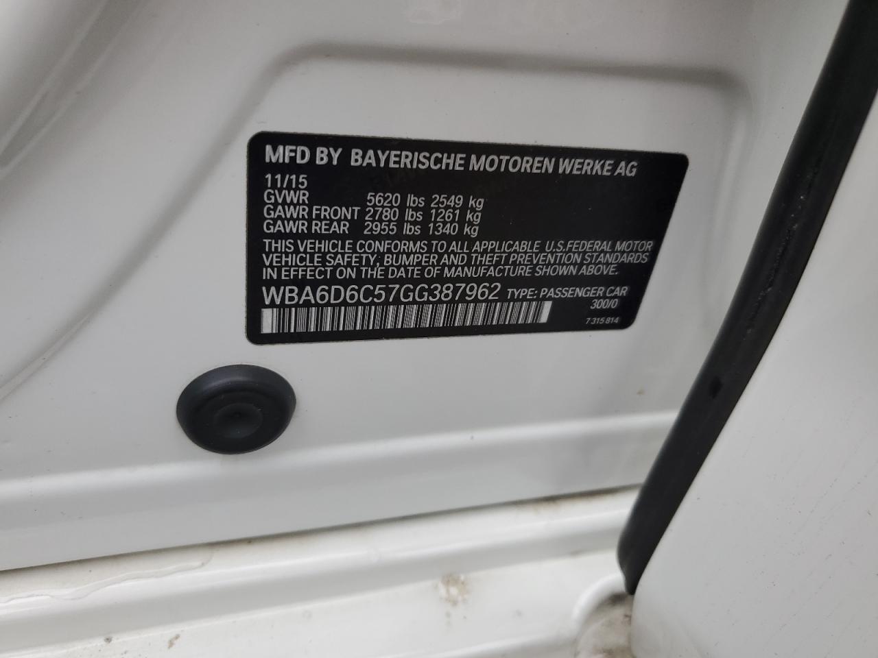 2016 BMW 650 Xi Gran Coupe VIN: WBA6D6C57GG387962 Lot: 90220695