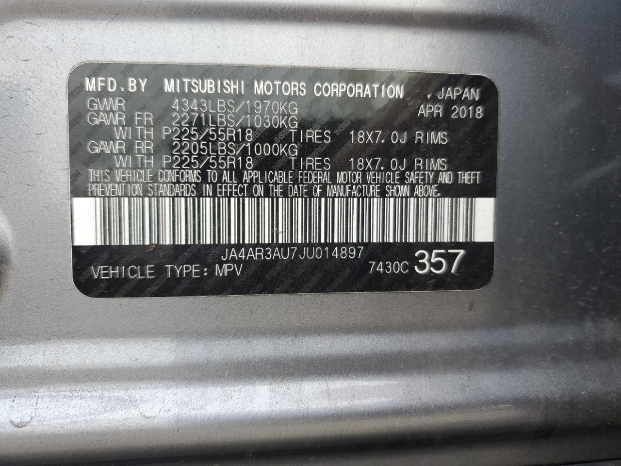 2018 Mitsubishi Outlander Sport Es VIN: JA4AR3AU7JU014897 Lot: 89884155