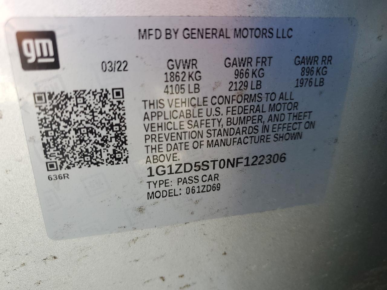 2022 Chevrolet Malibu Lt VIN: 1G1ZD5ST0NF122306 Lot: 87474205