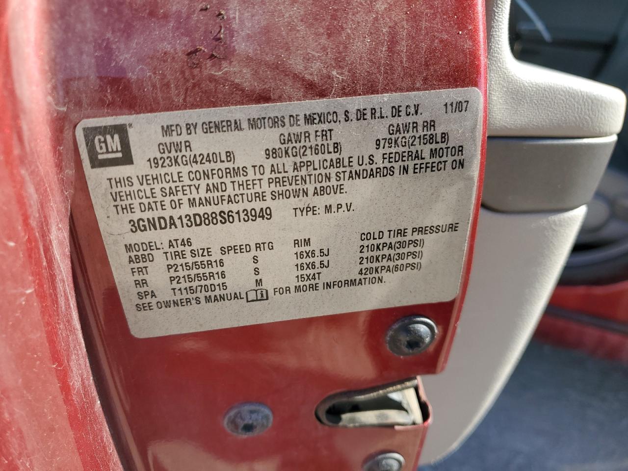 2008 Chevrolet Hhr Ls VIN: 3GNDA13D88S613949 Lot: 87196435