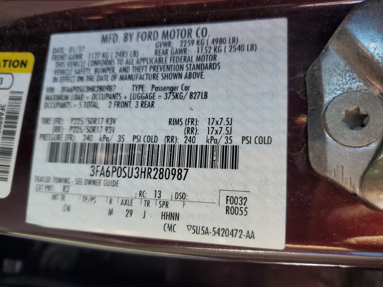 2017 Ford Fusion Titanium Phev VIN: 3FA6P0SU3HR280987 Lot: 89704775