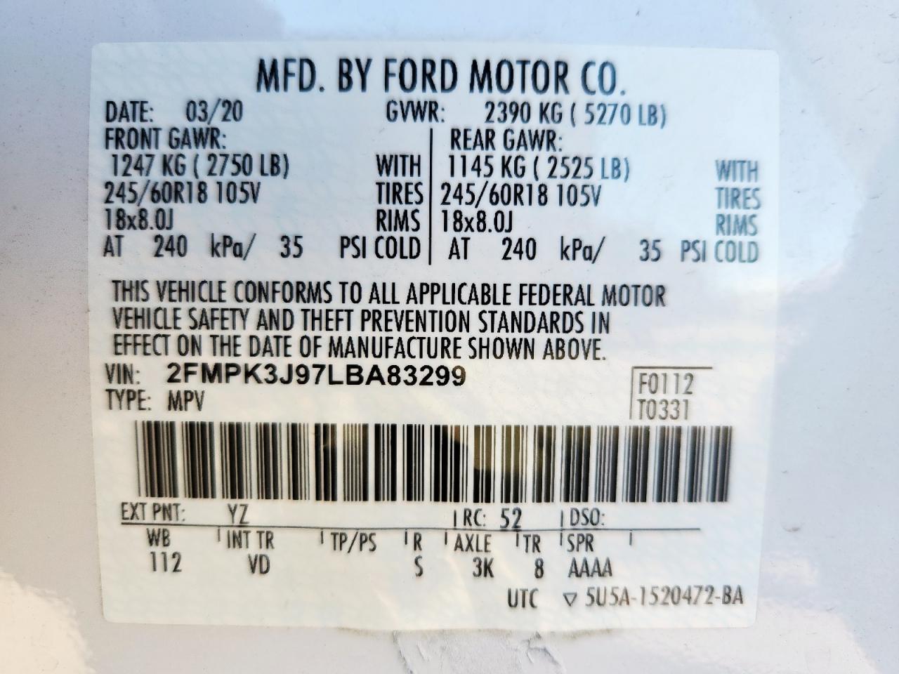 2020 Ford Edge Sel VIN: 2FMPK3J97LBA83299 Lot: 90641945