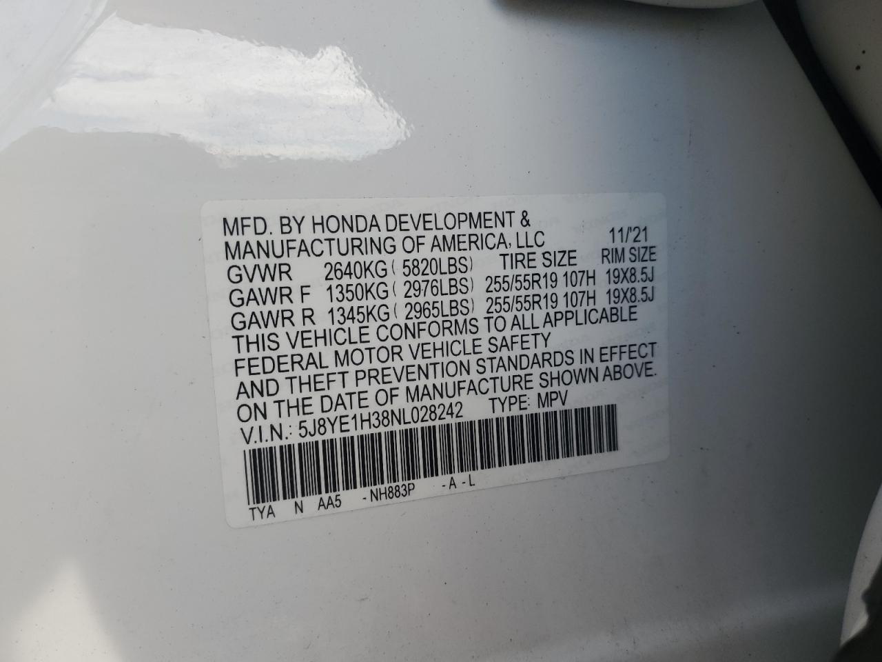 2022 Acura Mdx VIN: 5J8YE1H38NL028242 Lot: 90101355