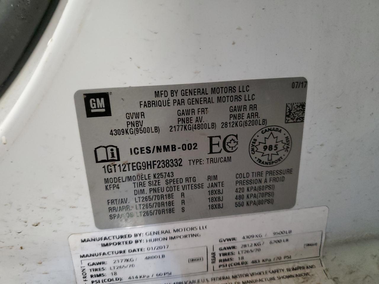 2017 GMC Sierra K2500 Slt VIN: 1GT12TEG9HF238332 Lot: 85525555