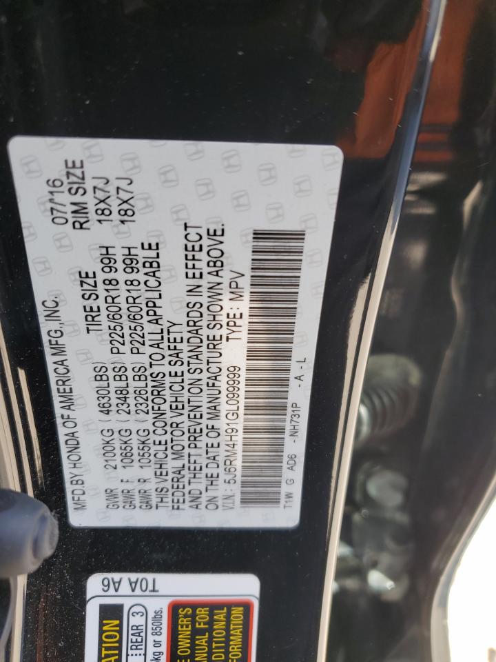 2016 Honda Cr-V Touring VIN: 5J6RM4H91GL099999 Lot: 82522635