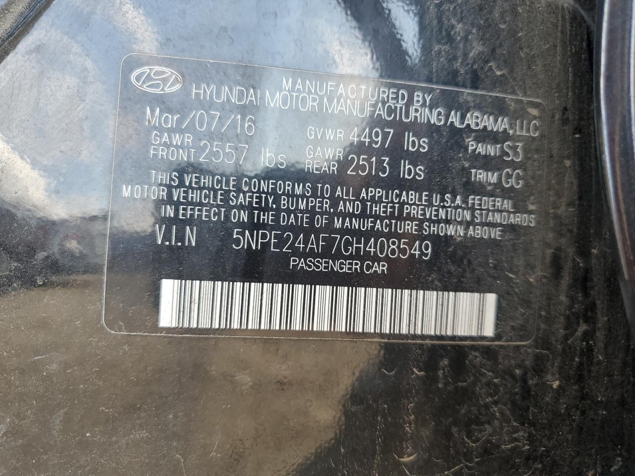 2016 Hyundai Sonata Se VIN: 5NPE24AF7GH408549 Lot: 85339555