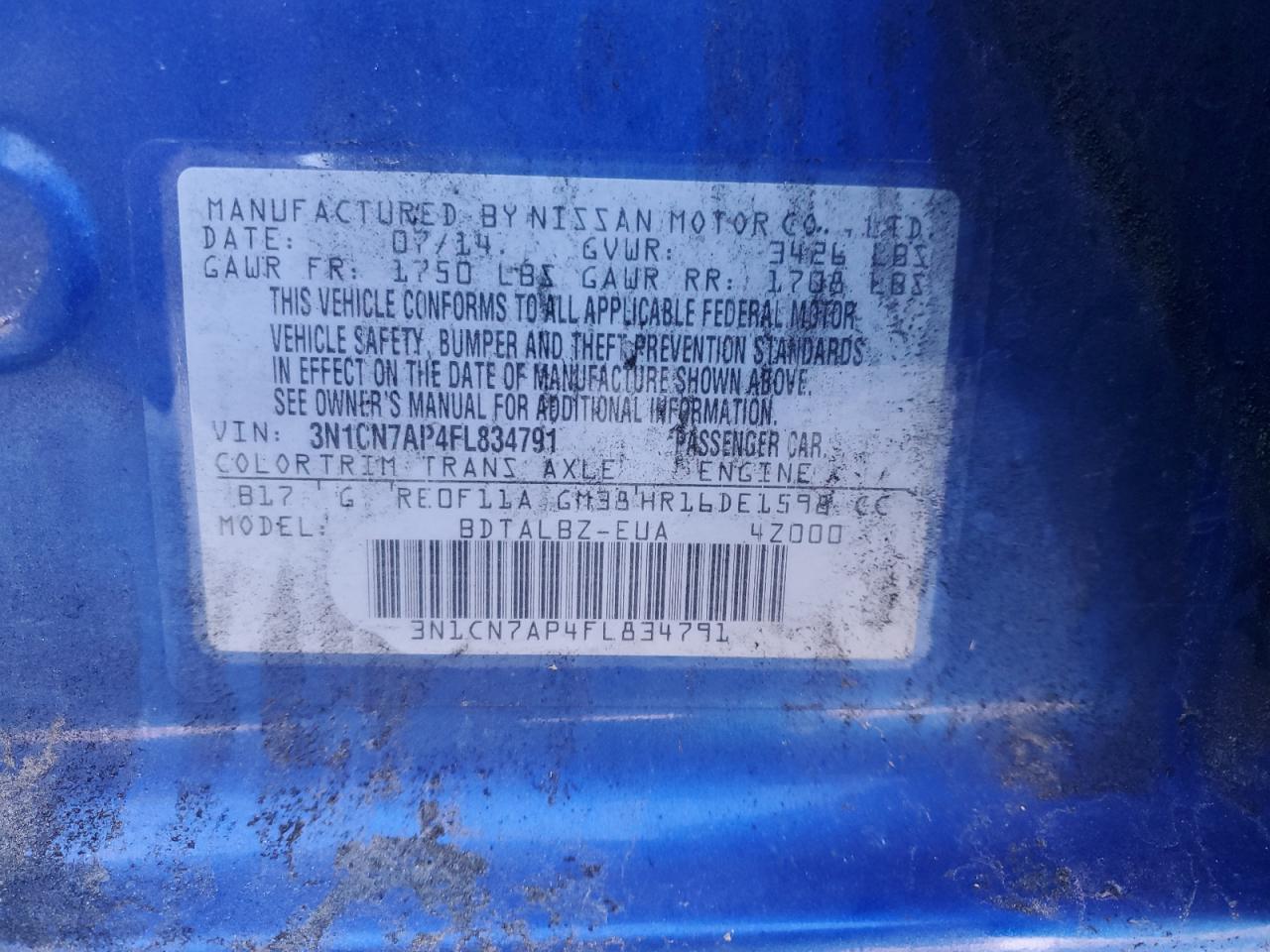 2015 Nissan Versa S VIN: 3N1CN7AP4FL834791 Lot: 85578985