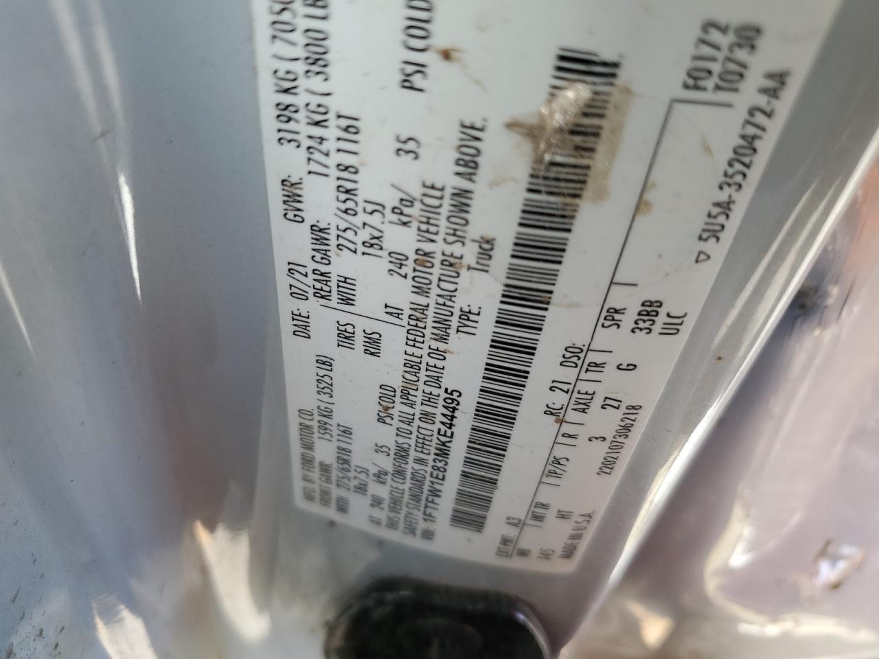 2021 Ford F150 Supercrew VIN: 1FTFW1E83MKE44495 Lot: 90040595