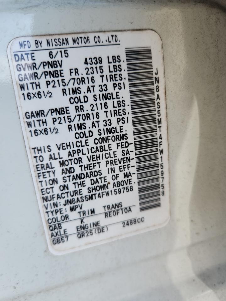 2015 Nissan Rogue Select S VIN: JN8AS5MT4FW159758 Lot: 85499425