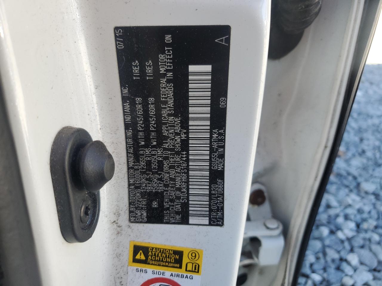 2015 Toyota Highlander Xle VIN: 5TDJKRFH6FS187444 Lot: 85920425