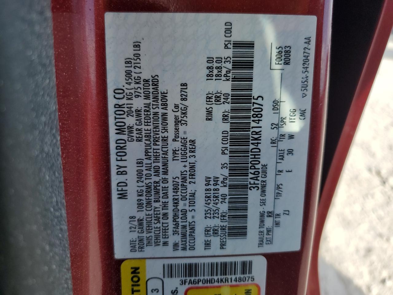 2019 Ford Fusion Se VIN: 3FA6P0HD4KR148075 Lot: 87120955