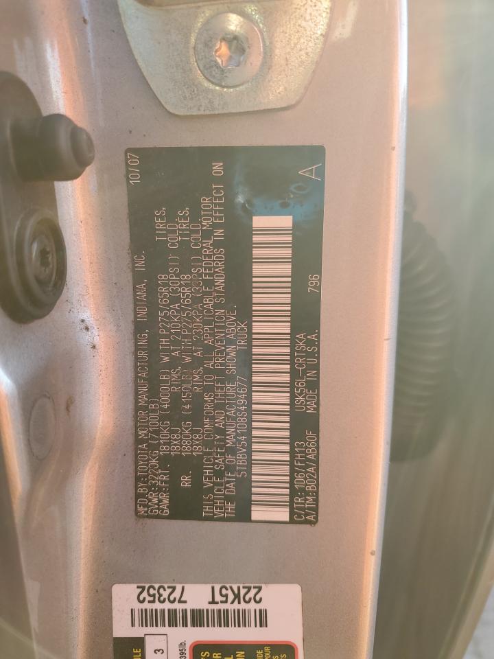 2008 Toyota Tundra Double Cab VIN: 5TBBV54108S494677 Lot: 85259665