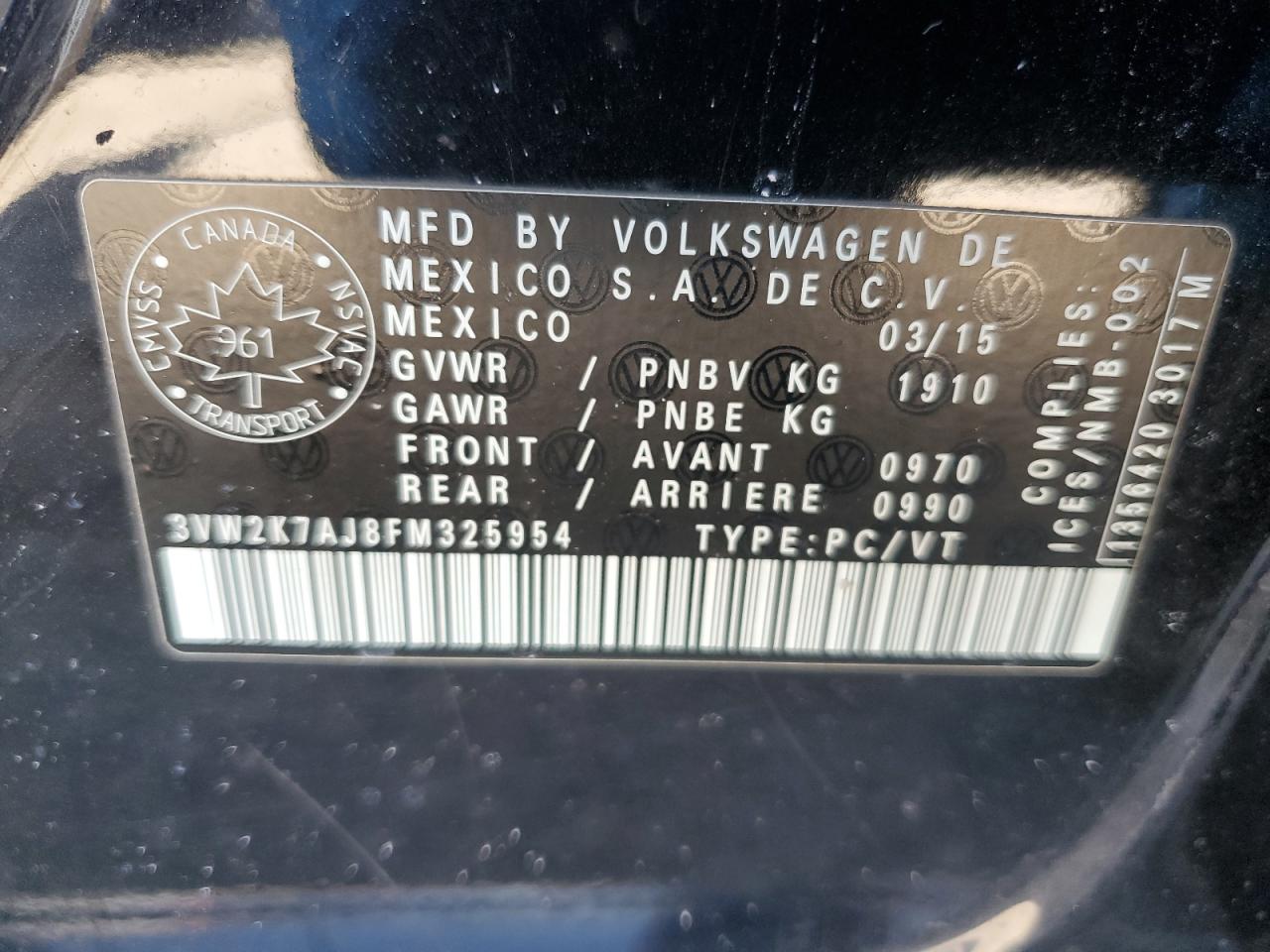 2015 Volkswagen Jetta Base VIN: 3VW2K7AJ8FM325954 Lot: 84928715