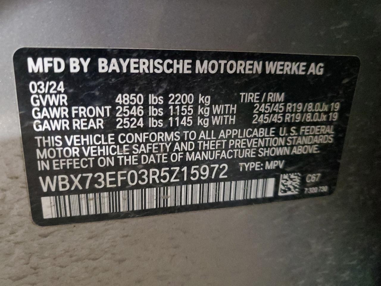 2024 BMW X1 xDrive28I VIN: WBX73EF03R5Z15972 Lot: 87129055