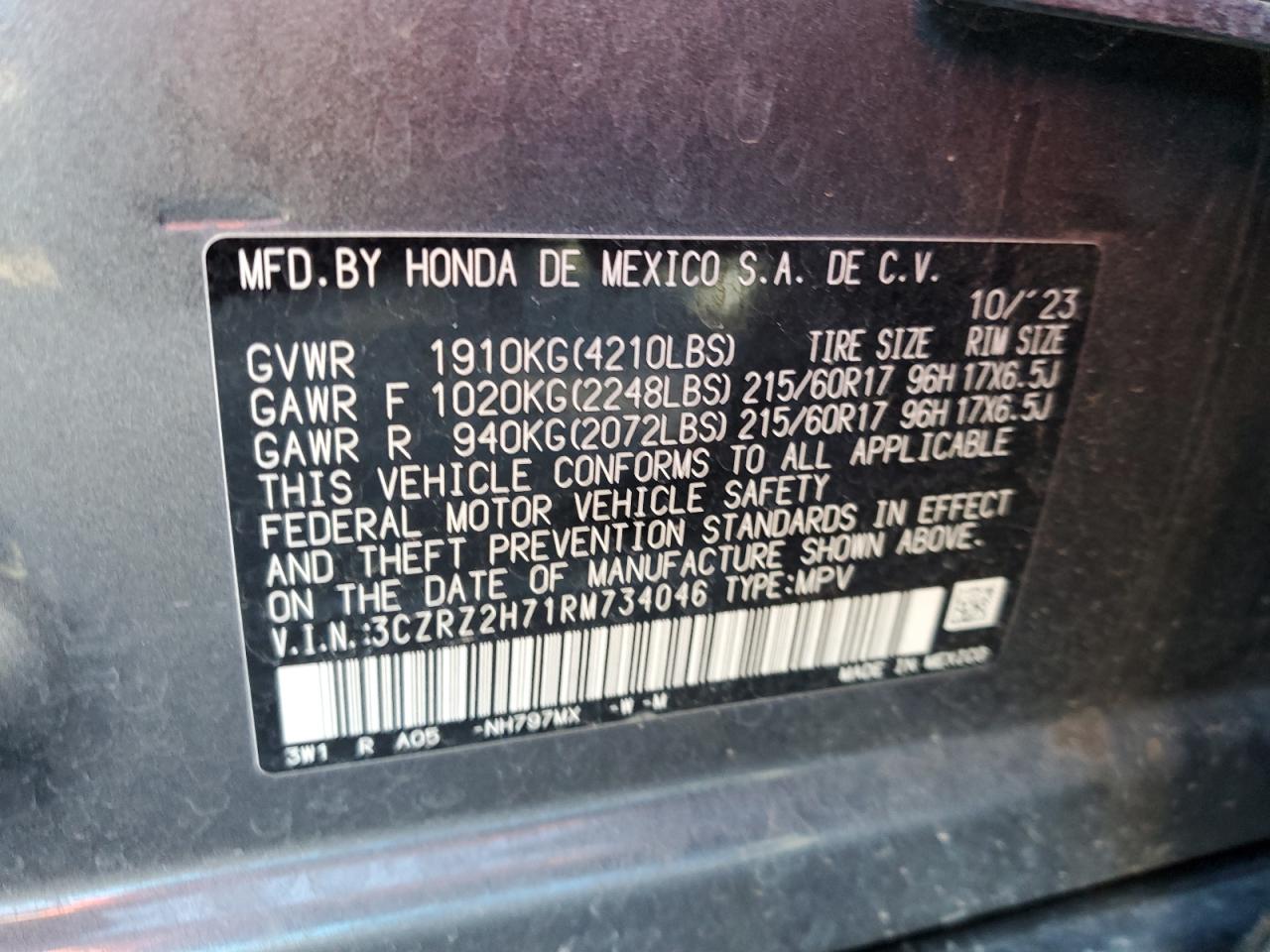 2024 Honda Hr-V Exl VIN: 3CZRZ2H71RM734046 Lot: 90946765