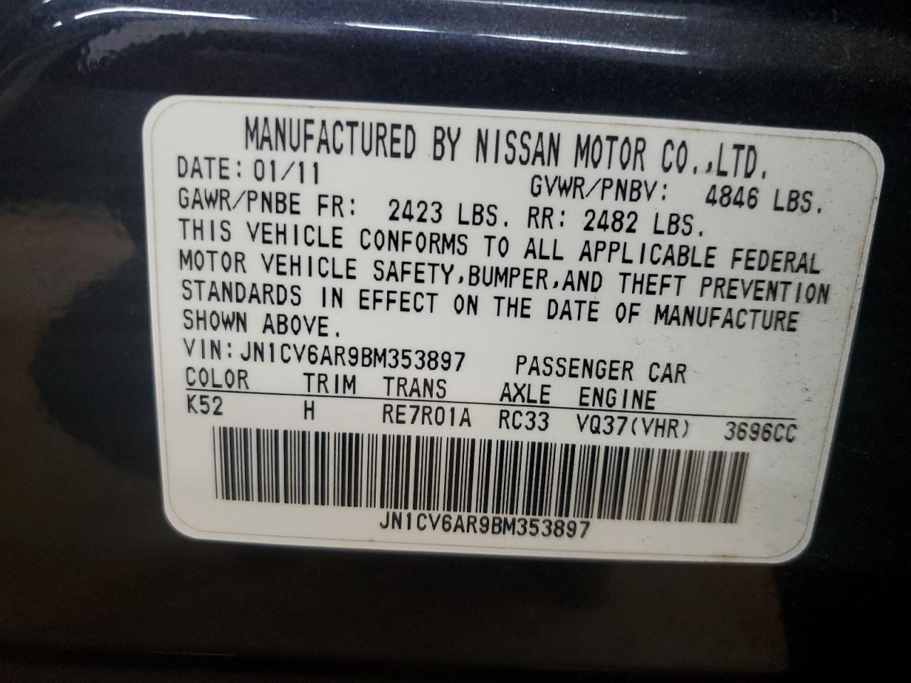 2011 Infiniti G37 VIN: JN1CV6AR9BM353897 Lot: 89675915
