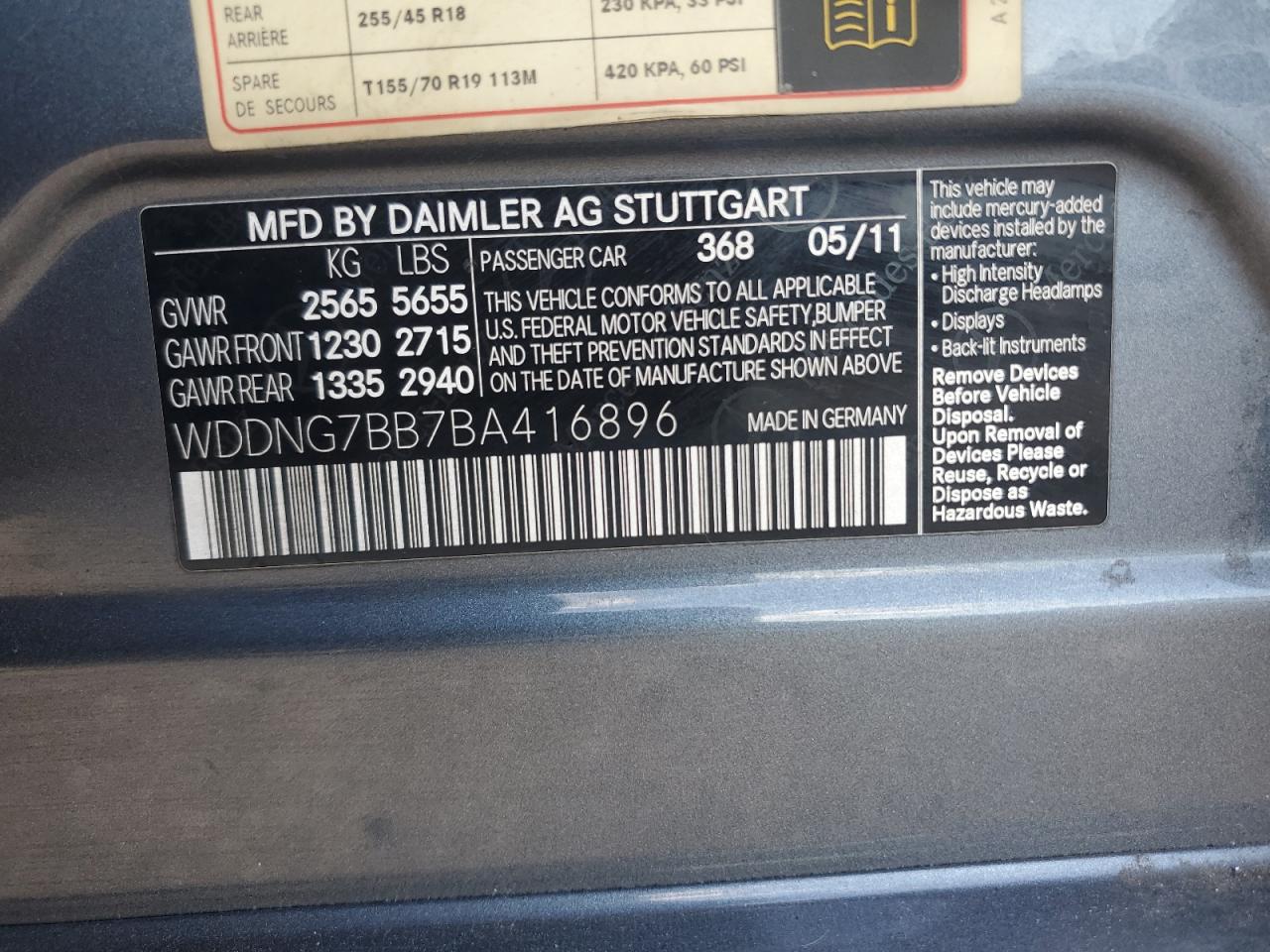 2011 Mercedes-Benz S 550 VIN: WDDNG7BB7BA416896 Lot: 87262475