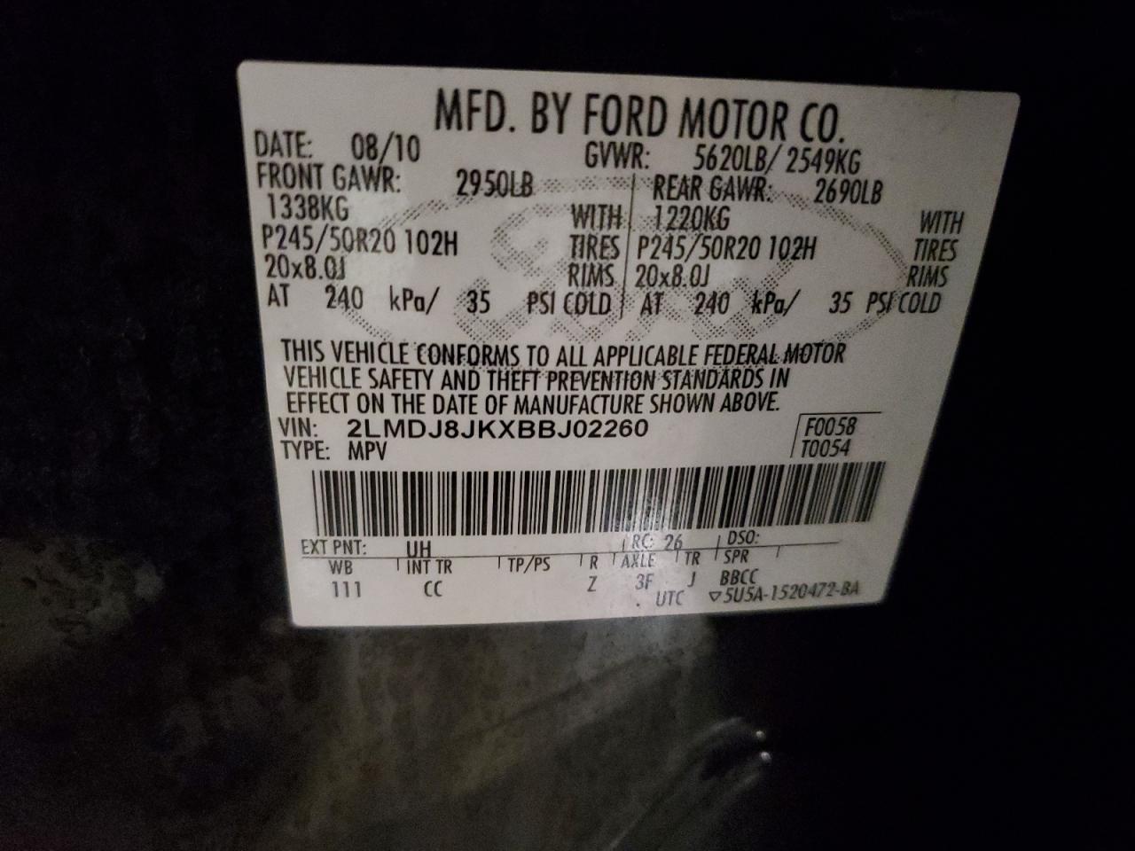 2011 Lincoln Mkx VIN: 2LMDJ8JKXBBJ02260 Lot: 86639375