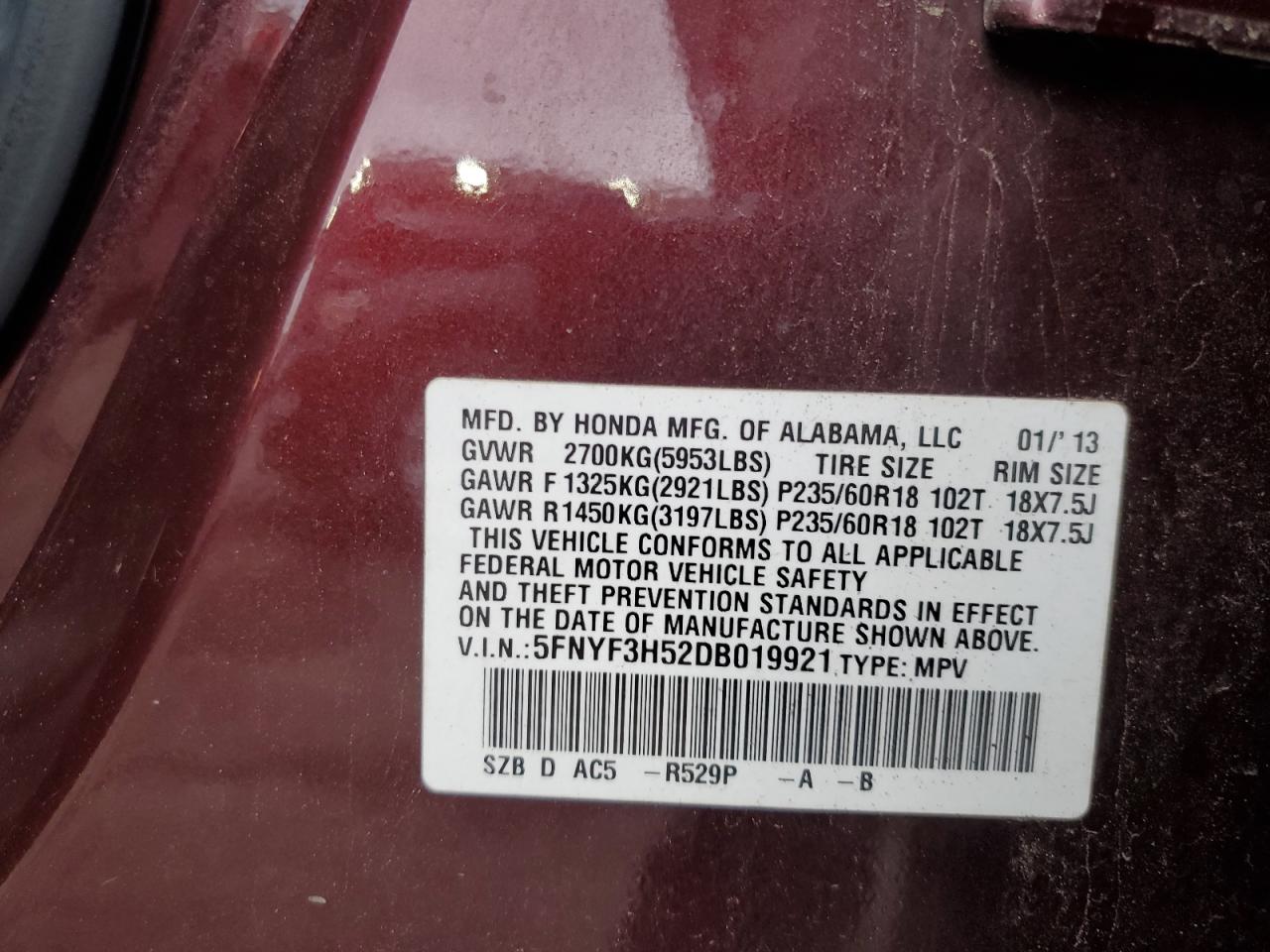 2013 Honda Pilot Exl VIN: 5FNYF3H52DB019921 Lot: 85652775