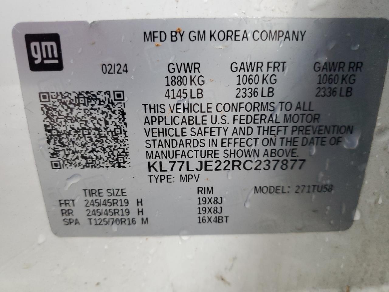 2024 Chevrolet Trax 2Rs VIN: KL77LJE22RC237877 Lot: 89528225