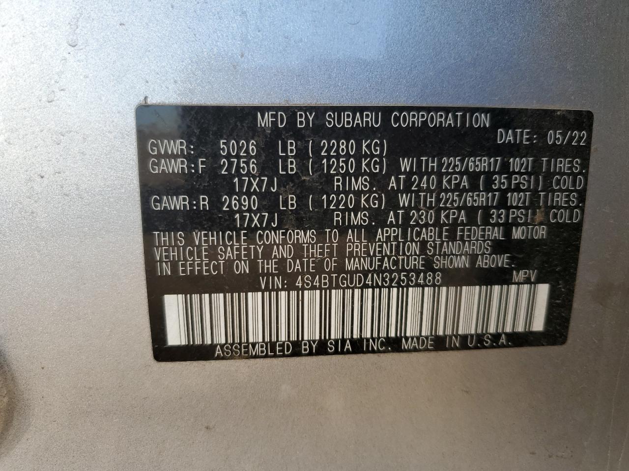 2022 Subaru Outback Wilderness VIN: 4S4BTGUD4N3253488 Lot: 87069545