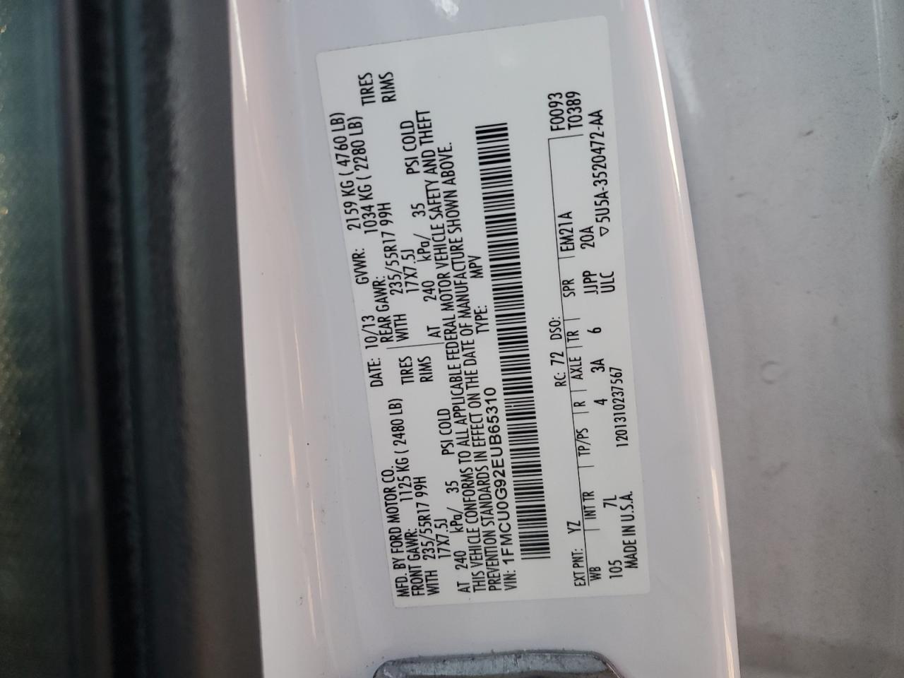 2014 Ford Escape Se VIN: 1FMCU0G92EUB65310 Lot: 82431215