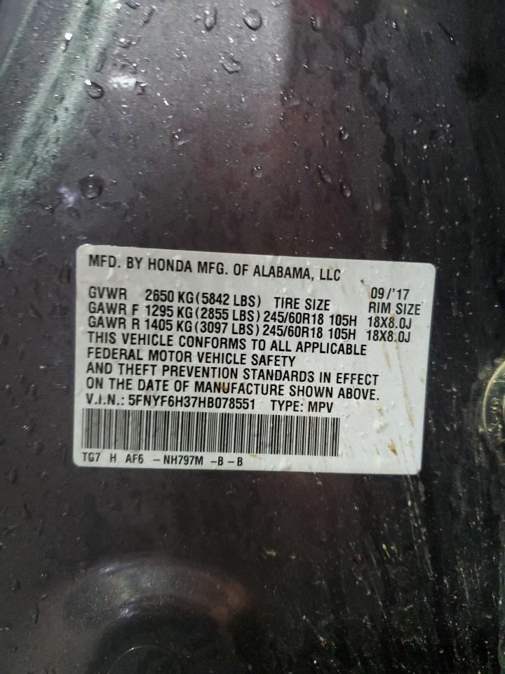 2017 Honda Pilot Ex VIN: 5FNYF6H37HB078551 Lot: 87042115