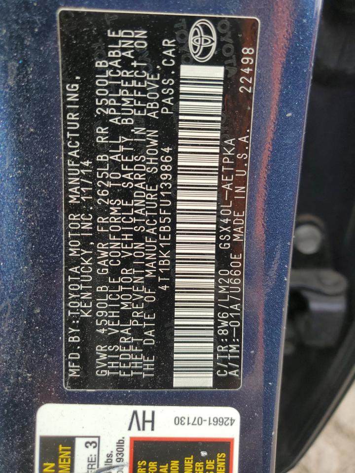 2015 Toyota Avalon Xle VIN: 4T1BK1EB5FU139864 Lot: 85886315