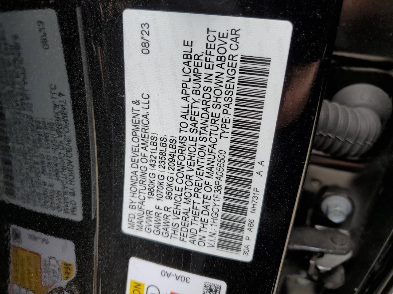 2023 Honda Accord Ex VIN: 1HGCY1F38PA056500 Lot: 85640885