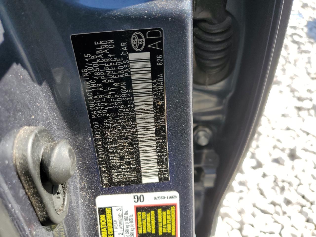 2016 Toyota Corolla L VIN: 2T1BURHE1GC545416 Lot: 86659825