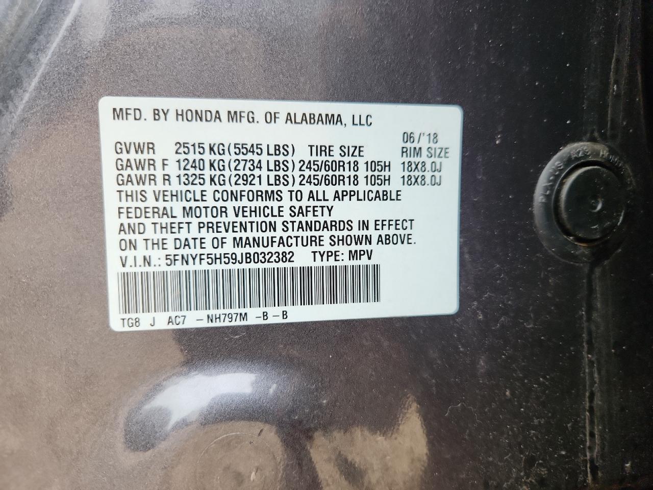 2018 Honda Pilot Exl VIN: 5FNYF5H59JB032382 Lot: 82258045