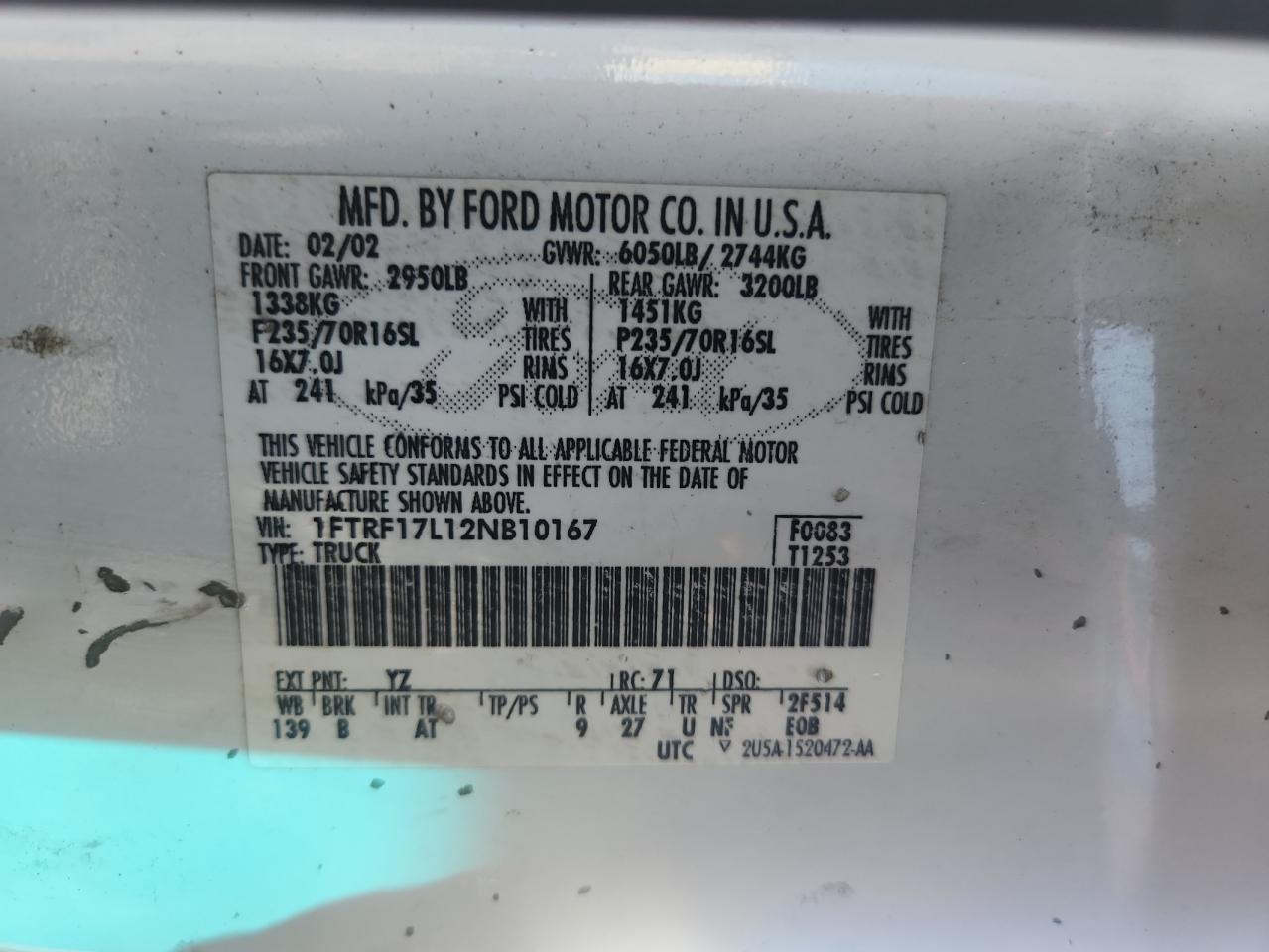 2002 Ford F150 VIN: 1FTRF17L12NB10167 Lot: 82255995