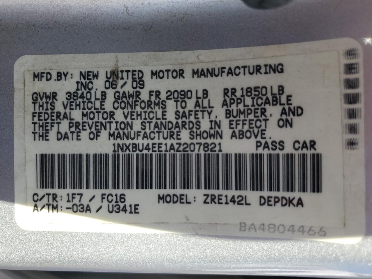 2010 Toyota Corolla Base VIN: 1NXBU4EE1AZ207821 Lot: 86708215