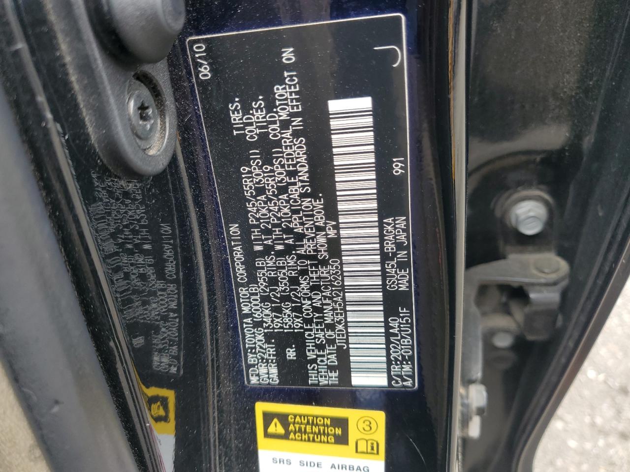 2010 Toyota Highlander Limited VIN: JTEDK3EH5A2162350 Lot: 85581035