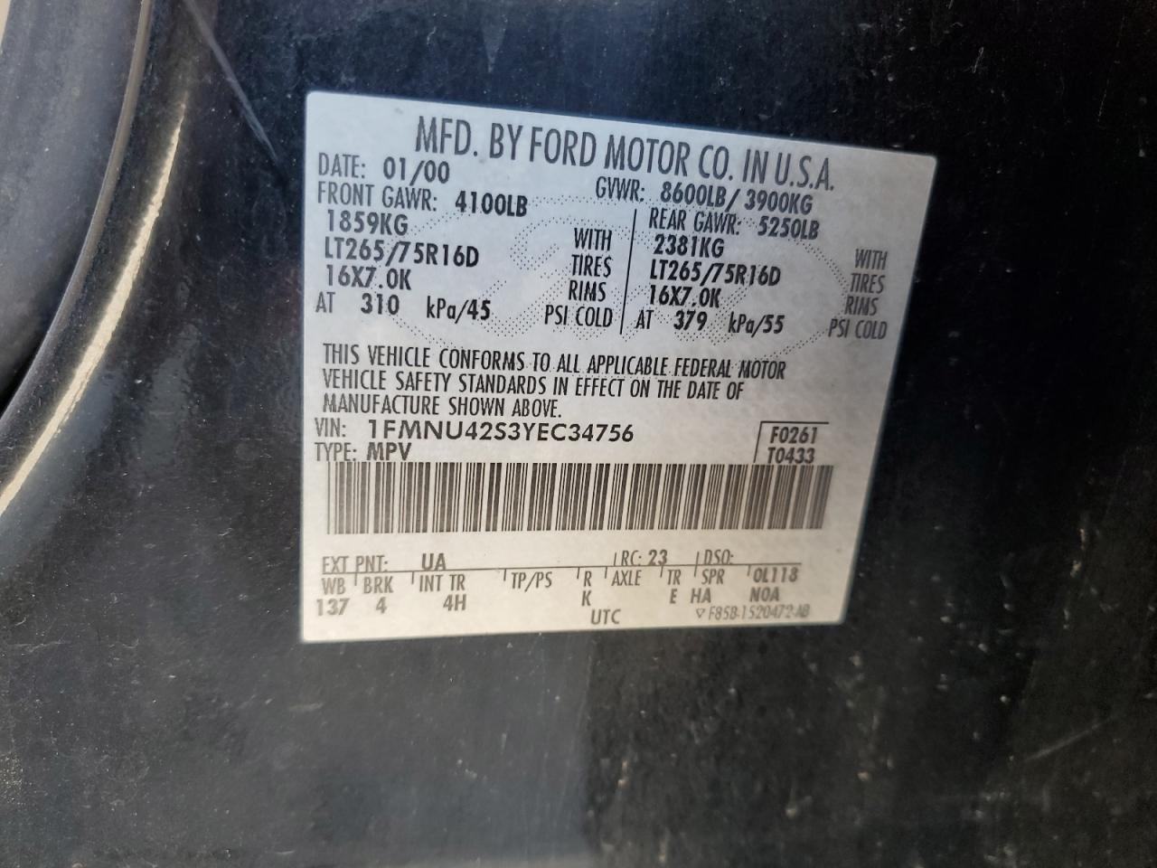 2000 Ford Excursion Limited VIN: 1FMNU42S3YEC34756 Lot: 86308835